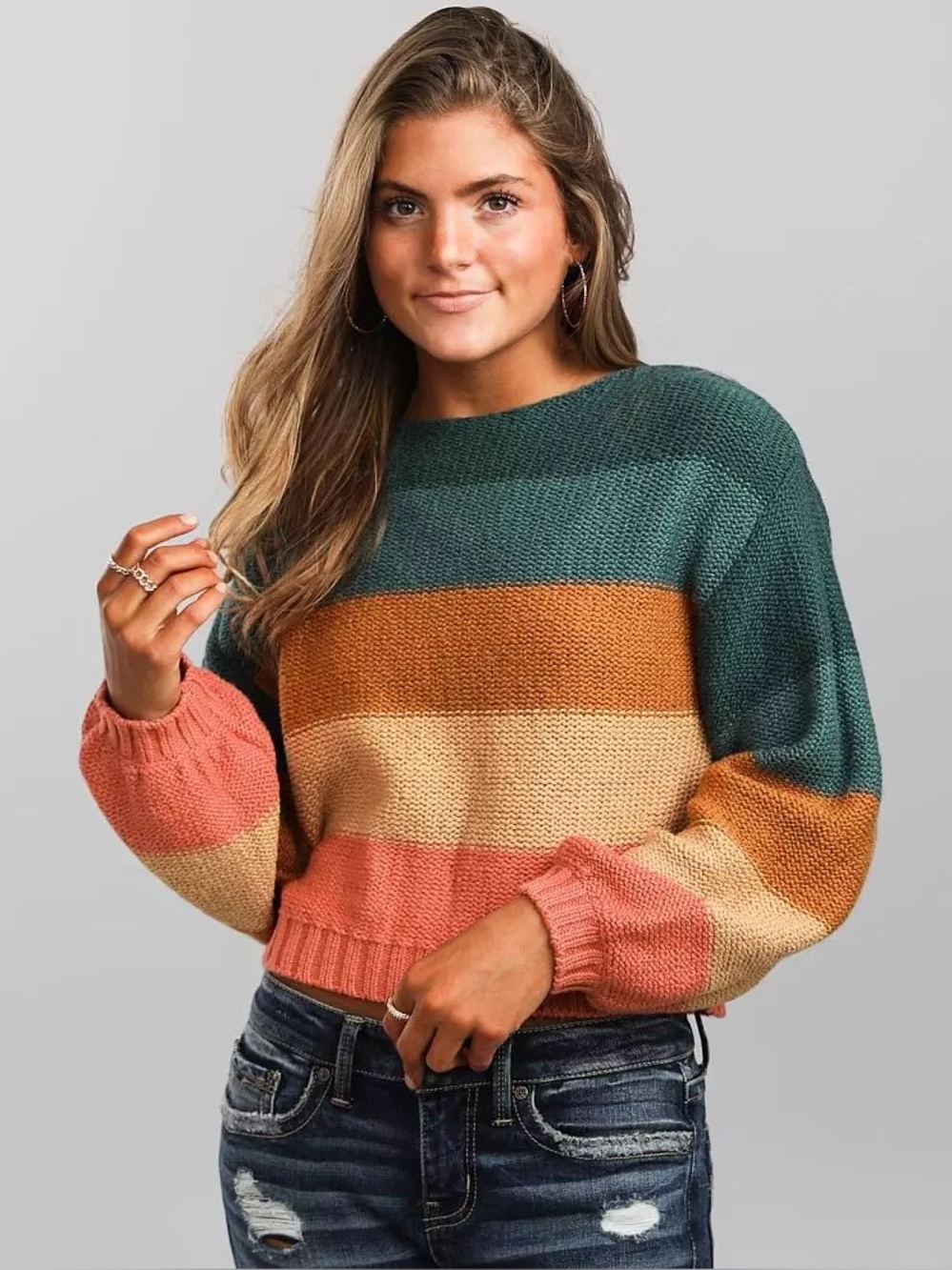 Billabong Seeing Stripes Evergreen Striped Cropped Sweater